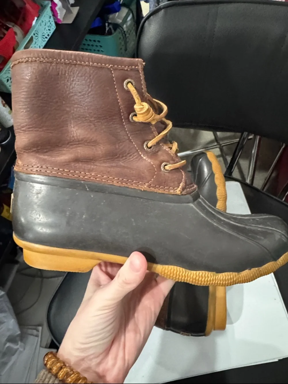 Sperry Two-Tone Brown Leather and Black Rubber Duck Boots
